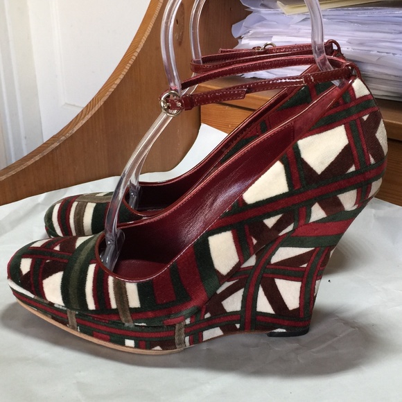 GUCCI WEDGES HEELS suede mary Janes PLATFORM 37-7RED GREEN pumps MULES clogs - Picture 5 of 10